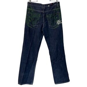 Vtg‎ Live Mechanics Mens Y2K Embroidered Green Blue Baggy Grunge Skater Jeans 34